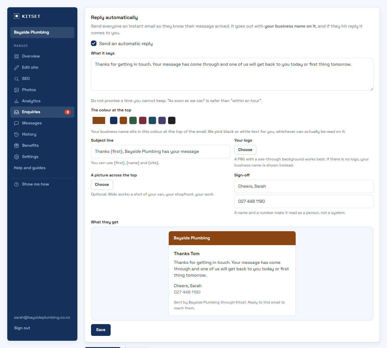 The automatic reply settings: a switch, a box for what it says, a colour picker with seven preset swatches, fields for a subject line, a logo, a picture across the top and a sign-off, and a preview showing the finished email with the business name in a brown bar.