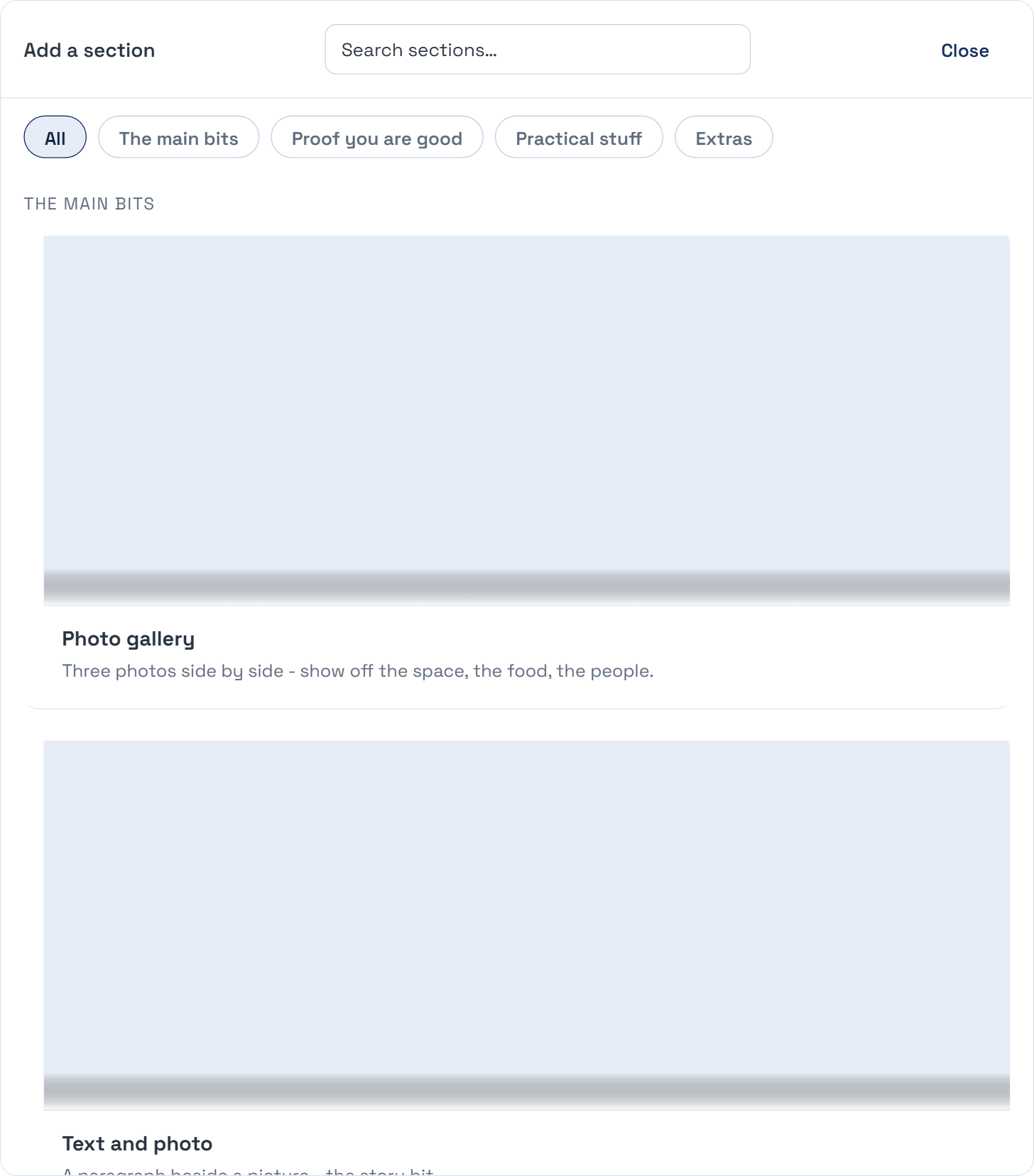 The Add a section picker, grouped into The main bits, Proof you are good, Practical stuff and Extras. Each section has a name and a line describing it, such as Photo gallery, Kind words, Good to know and What it costs.