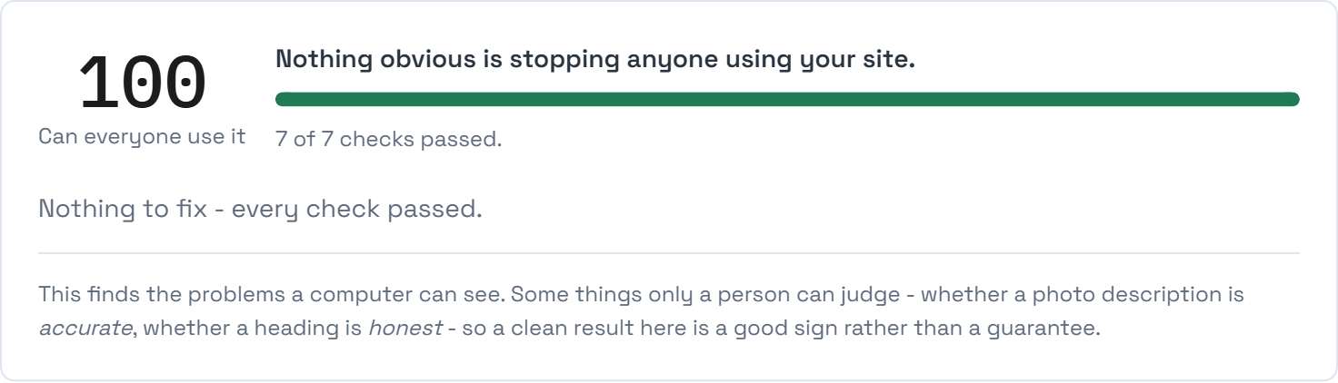 The Can everyone use it section of the checkup, listing accessibility findings for the page.