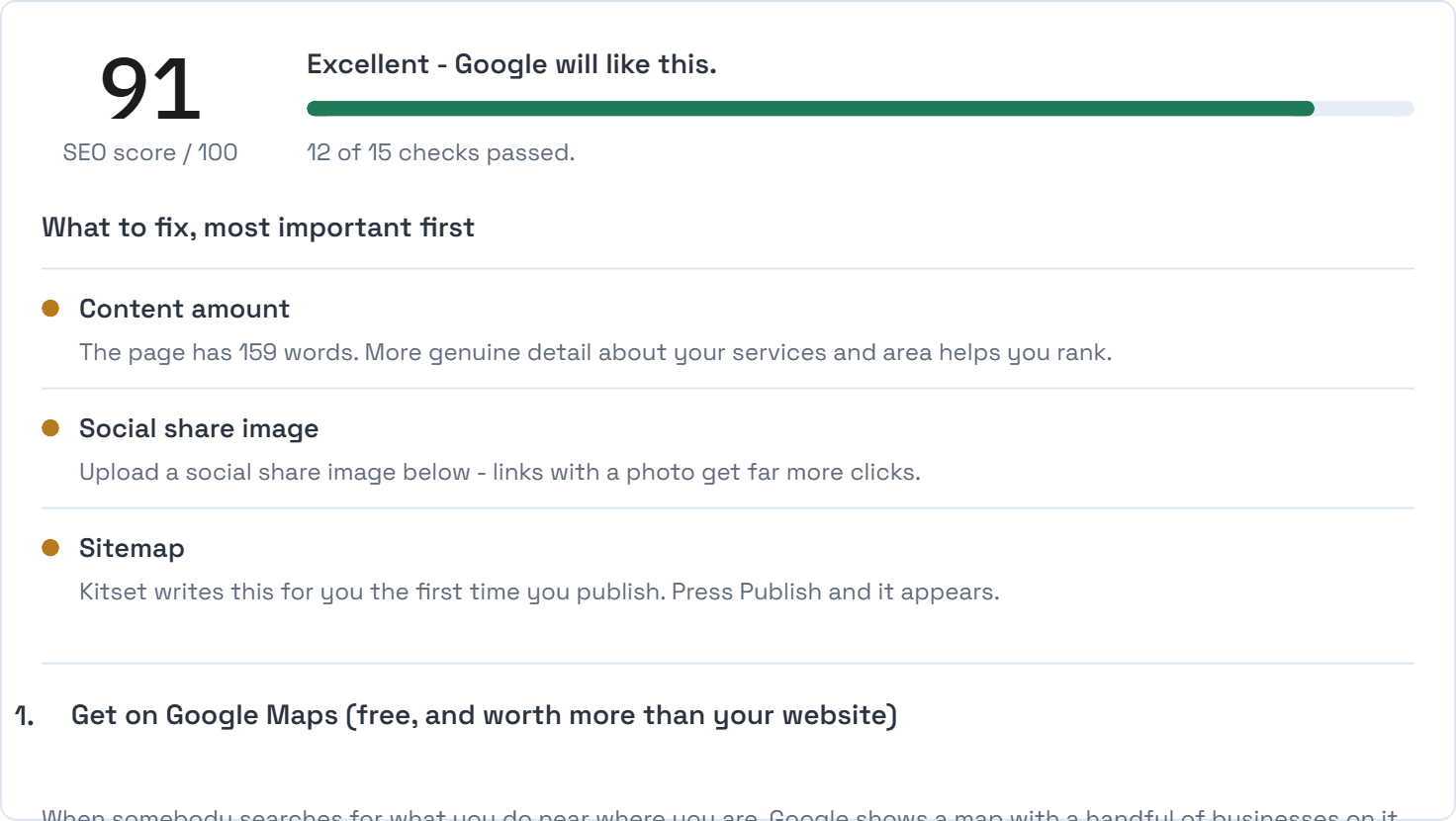 An SEO checkup showing a score of 91 out of 100, Excellent, 12 of 15 checks passed, and a list headed What to fix, most important first, naming content amount, social share image and sitemap.