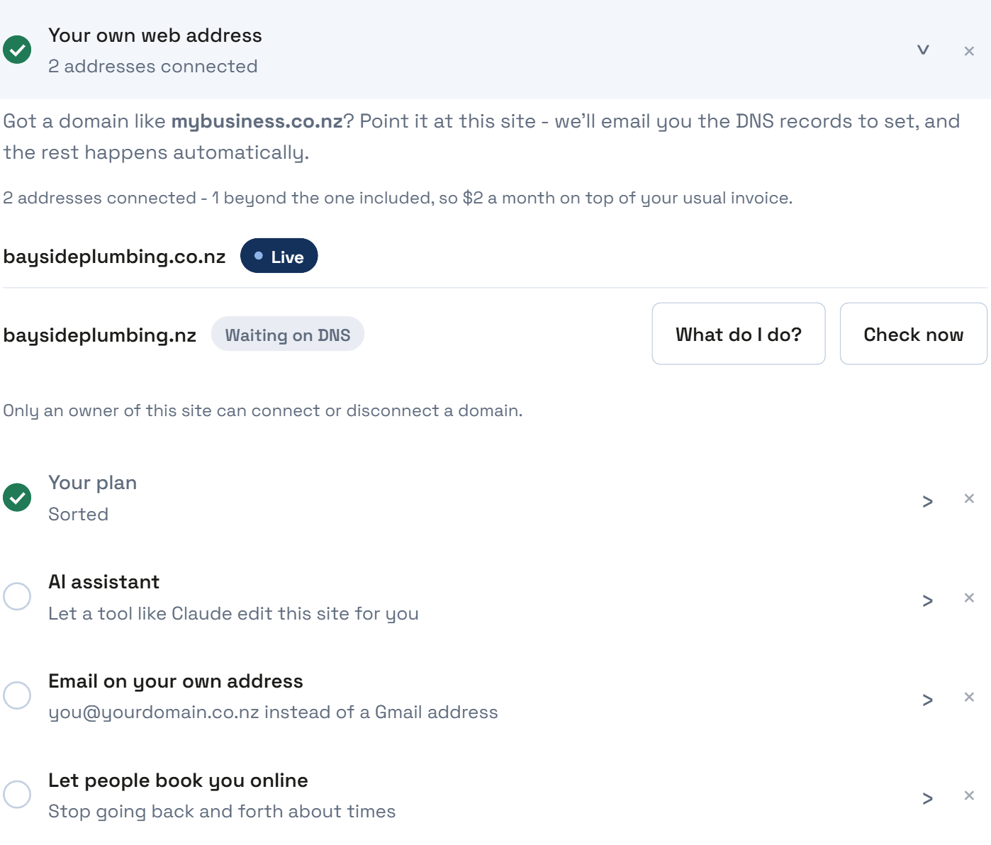The Set-up checklist in the dashboard: Your own web address showing two addresses connected, Your plan marked Sorted, an AI assistant, and email on your own address.